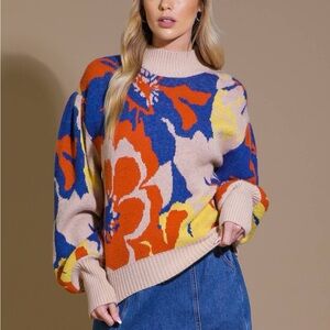 Flying Tomato Colorful Floral Sweater - Blue, Orange, Tan
